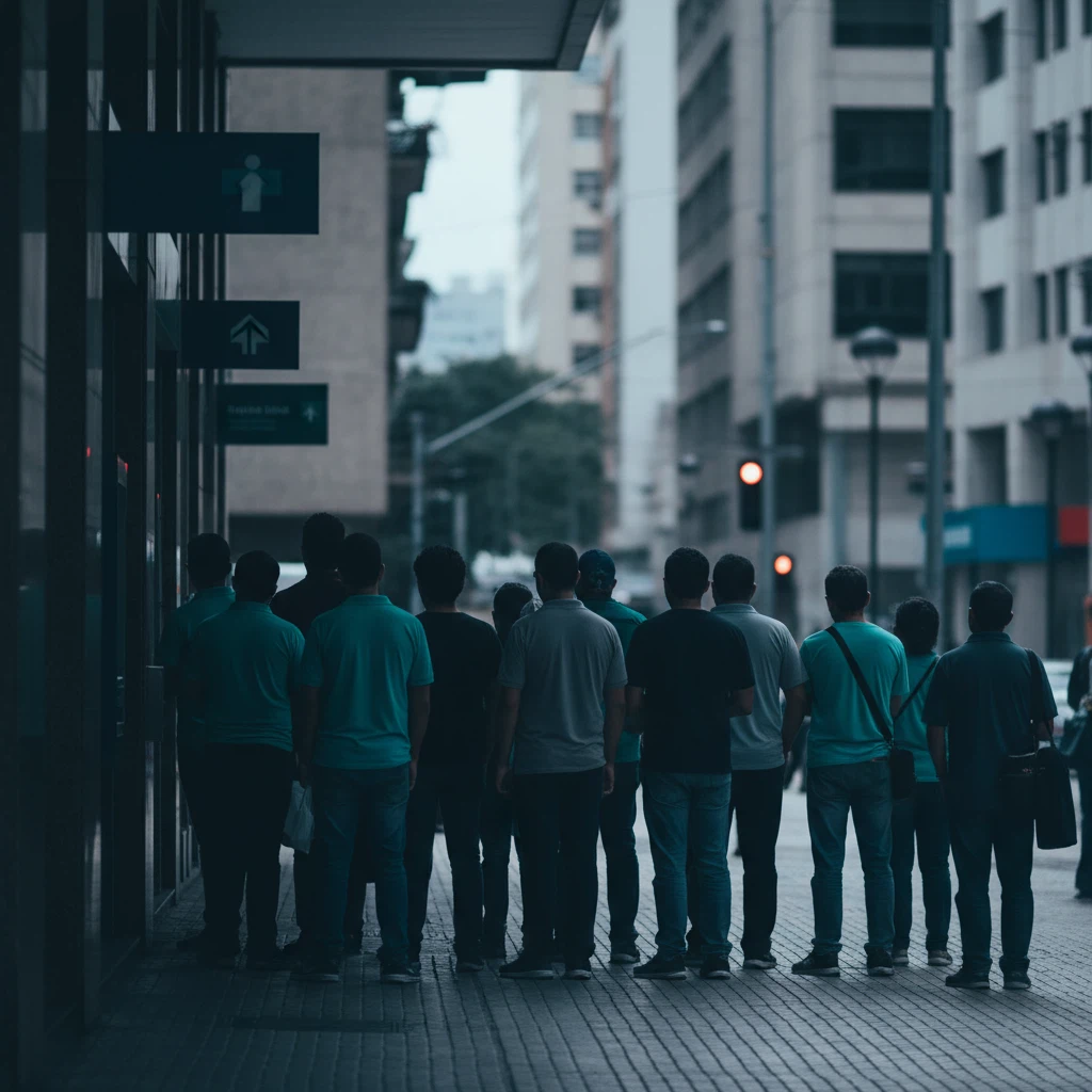 Fila de pessoas anônimas em frente a caixa eletrônico no Brasil