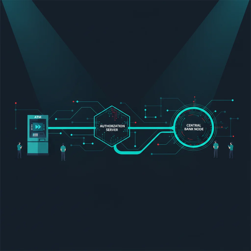 Diagrama educativo: rede bancária conectando terminal ATM ao servidor de autorização do banco