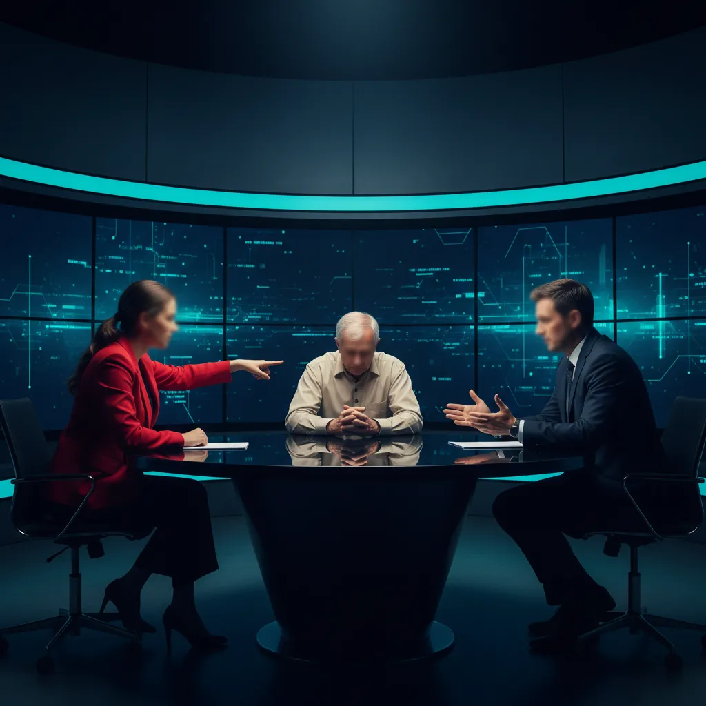 Mesa de debate em estúdio de TV - discussão sobre infraestrutura bancária brasileira